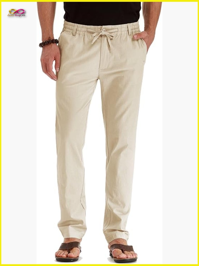 Linen Drawstring Pants Elastic Waist Casual Summer Beach Relaxed Fit